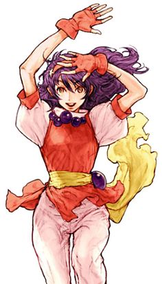 a drawing of a woman with purple hair and gloves on her head, wearing a red top