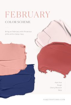 three different shades of pink, blue and red on white background with text that reads february color scheme