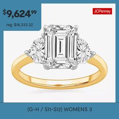 an emerald cut diamond ring with three diamonds on the side and price tag for $ 692