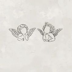 two drawings of angels with wings and flowers