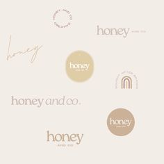 the logos for honey and co are shown in different colors, shapes and font styles