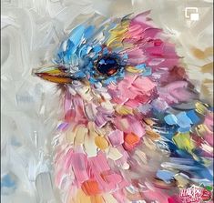 a painting of a colorful bird with lots of paint on it's face and neck