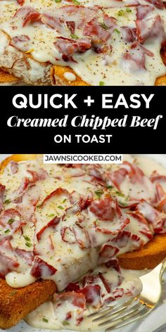 two pictures with the words quick and easy creamed chipped beef on toast