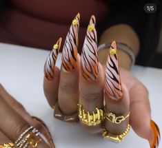 Detailed Nail Art, Tyger Claws, Tiger Acrylic Nails, Tiger Inspired Nails, Gold Tiger Nails Locket, Stilleto Cheetah Nails, Unique Acrylic Nail Designs, Tiger Nails