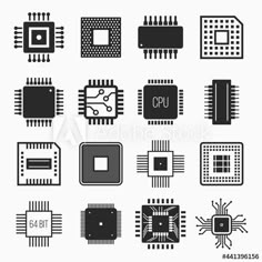 the electronic components and circuit board icons are shown in black, white or gray colors