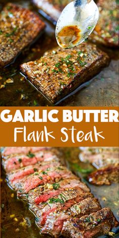 garlic butter skillet flak steak covered in gravy