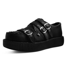 T.U.K. Shoes Black Leather Triple Strap Viva Low Sole Creeper AV9342 Platform Creepers, Stylish Footwear, Shoe Inserts, Sketchers Sneakers, Shoe Store