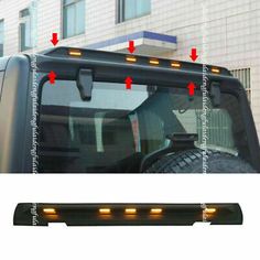 the front end of a truck with four lights on it and an arrow pointing to the right