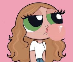 a cartoon girl with big eyes blowing bubble gum on her nose while looking at the camera