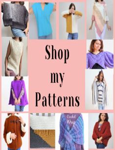 many different knitted sweaters are shown with the words shop my patterns on them