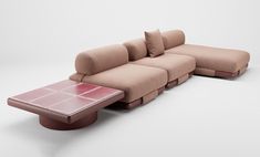 a couch and table sitting next to each other on a white surface with no one in it