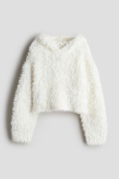 Cropped hoodie in a fluffy knit with dropped shoulders and long sleeves. White Fluffy Sweater, Fluffy Sweatshirt, Fluffy Hoodie, Family Photoshoot Poses, Fluffy Knit, Pink Snow, Fall Kids, Girls Sweaters, Family Photoshoot