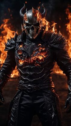 a demonic demon with horns and flames on his face is standing in front of a dark background