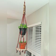 a potted plant hanging from a window sill in a room with white walls