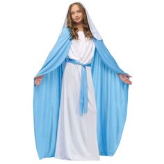 Complete your nativity scene with this humbling Mary child costume! Costume includes full length, long white gown with attached blue belt, attached blue cloak, and white veil with hair comb! size Perfect for school and church productions. Virgin Mary Costume, Mary Costume, Saint Costume, Biblical Costumes, White Long Gown, Nativity Costumes, Pageant Costumes, Baby Kostüm, Christmas Pageant