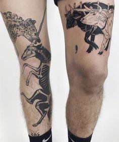 a man's legs with tattoos on them and an image of a horse, giraffe, and deer