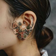 Ear Tattoos Tattoo Flash Collection Ethereal Art Tattoo, Botanical Neck Tattoo, Fern Ear Tattoo, Under Jaw Tattoo, Ear Tattoo With Piercing, Dragon Ear Tattoo, Flora And Fauna Tattoo, Earlobe Tattoo, Flower Ear Tattoo