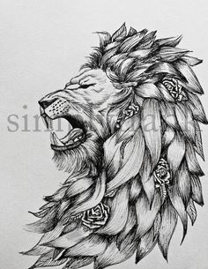 an ink drawing of a lion's head