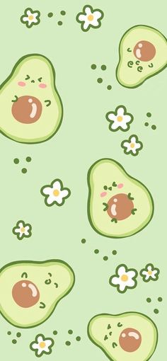 an avocado pattern is shown on a green background with daisies and flowers