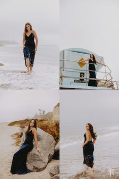 a woman standing on top of a beach next to the ocean