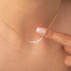 Elevate your style with our dainty 14k Curved Bar Diamond Necklace. This minimalist and handcrafted piece features a delicate bar pendant adorned with sparkling diamonds, making it the perfect wedding gift for her. Embrace the elegance and timeless beauty of this handmade diamond jewelry. Order now and make a statement of sophistication! Alternatively, choose from our options of natural, lab-grown diamonds or dazzling moissanites at three different price points to fit your unique preferences and Everyday Yellow Gold Diamond Bar Necklace, Dainty Yellow Gold Diamond Bar Necklace, Minimalist Yellow Gold Bar Necklace With Diamond Accents, Floating Diamond Necklace, Real Diamond Necklace, Curved Bar, Perfect Wedding Gift, Forever Jewelry, Bar Pendant