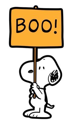 a cartoon dog holding a sign that says boo