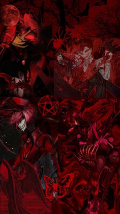 an image of a group of demonic people with bats and skulls on their faces, all in red