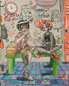 a drawing of two people sitting on a bench in front of a wall with graffiti