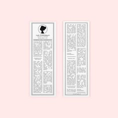 two white bookmarks with black silhouettes on them against a light pink background, one is