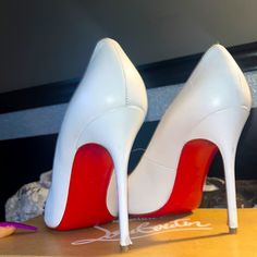 Christian Louboutin Heel Size 39 1/2 Recommended Size 8 Or 8 1/2 These Heels Run Small. Great Condition Box And Dust Bag Included Wear On Bottom Of Shoe And Heel Area Classic White Court Shoes With 4-inch Heel, Classic White Round Toe Heels, Classic White Heels With Sculpted Heel, White High Heel Court Shoes With Reinforced Heel, Classic White Court Shoes With Contrasting Heel Counter, White Pointed Toe Heels With Reinforced Heel, White Heels With Reinforced Heel And Pointed Toe, White Closed Toe Court Shoes With Reinforced Heel, White High Heels With Branded Heel Counter