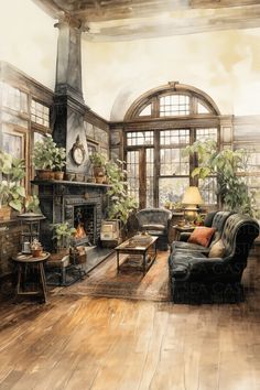 a painting of a living room filled with furniture and a fire place in the corner