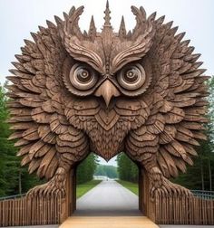 an owl statue sitting on top of a wooden platform in front of a road with trees