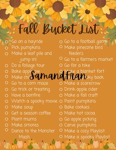 a fall bucket list with sunflowers and pumpkins