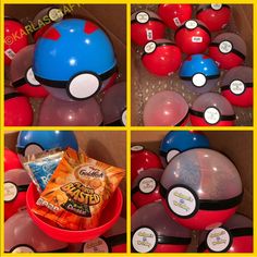 several pictures of balloons and pokemon balls in the shape of pikachu's head