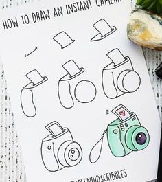 how to draw an instant camera for kids with pictures and text overlay that says how to draw an instant camera