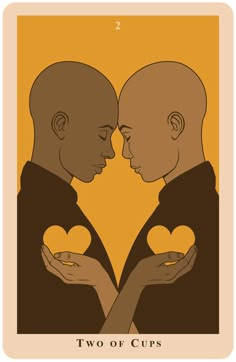 two of cups playing cards with the faces of two people holding hearts in their hands