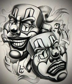 an artistic drawing of two clown faces