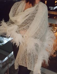 Handcrafted Mohair Shawl with Ostrich Feathers Ostrich Feather Wedding Shawl, Crow Feather Shawl, Mohair Shawl, Knit Shawls, Ostrich Feather Trim, Angora Goats, Crafts Party, White Feathers, Ostrich Feathers