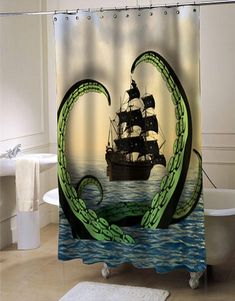 a shower curtain with an octopus tentacles in the shape of a ship and a pirate ship