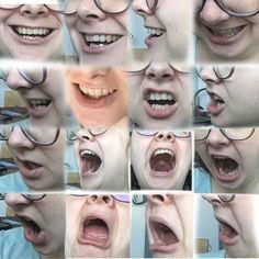 many different images of a woman with glasses on her head and mouth, all showing the same amount of teeth