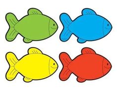 four different colored fish on a white background