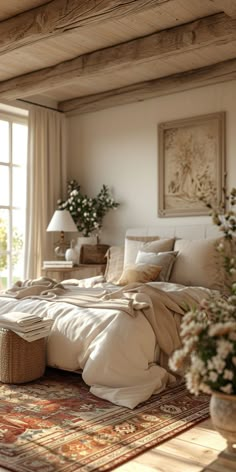 a large bed sitting in a bedroom on top of a rug next to a window