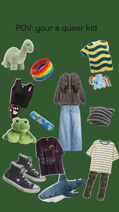 an image of a poster with clothes and toys