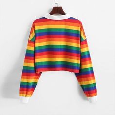 Long Sleeve Rainbow Color Ladies Hoodies With Button Striped Korean Style Sweatshirt Pride Clothes, Ladies Hoodies, Rainbow Clothes, Crop Top Styles, Crop Top Hoodie, Pride Outfit, Style Sweatshirt, Y2k Aesthetic Outfits, Striped Sweatshirts