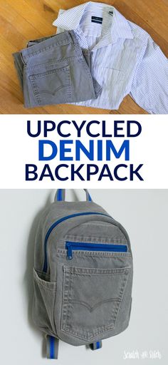 an upcycled denim backpack is hanging on the wall and it's open