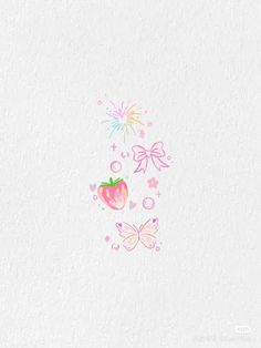 an apple and butterfly wallpaper with pink, blue, green and yellow butterflies on it