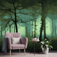 a chair and table in front of a wall with trees painted on the back ground