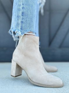 Steve Madden Jozie Bootie in Sand Suede - Infinity Raine Cream Booties Outfit, Tan Booties Outfit, Ankle Booties Outfit, Booties Outfit, Fall Booties, Tan Booties, Engagement Photo Outfits, Synthetic Materials, Dressy Tops