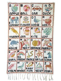 a blanket that has different types of items on it and the words apple, car, elephant, giraffe