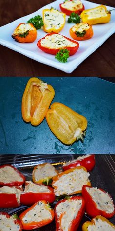 there are several different types of stuffed peppers on the table and in the pans